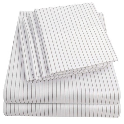 Luxury Twin Pinstripe White Bed Linen Set With Built In Sheet Straps