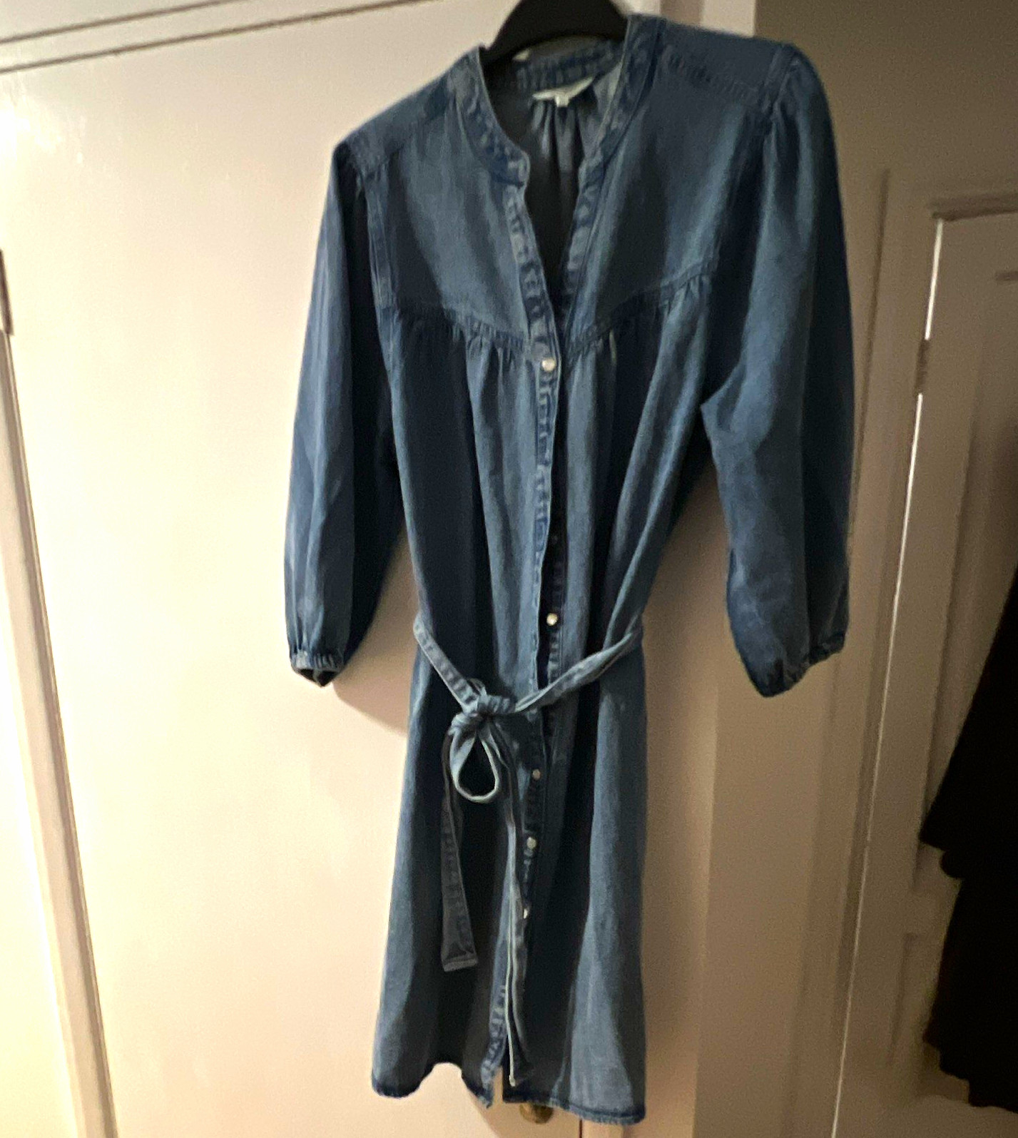 FALMER Blue Denim Shirt Dress Belted Button Front Collared 3/4 Sleeve 14