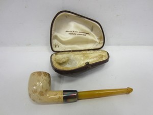 Antique Genuine Block Meerschaum Sterling Mounted Smoking Pipe w/Case