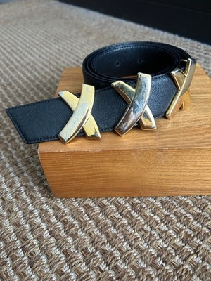 By Paloma Picasso vintage black leather gold triple kiss buckle belt 80 Large
