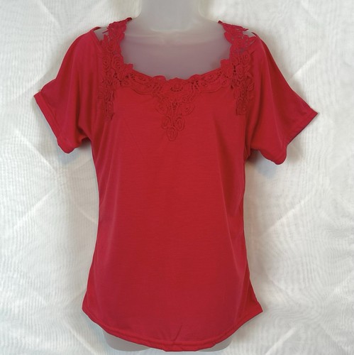 New Red Women’s Summer Lace Trim Short Sleeve Cold Shoulder Top / Medium