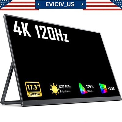 2025 17.3'' 4K Portable Monitor 120Hz UHD Dual USB C HDMI Screen Speakers Game B