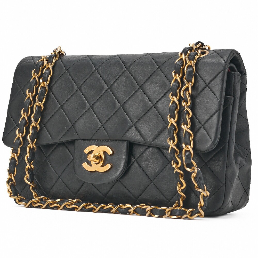 Chanel Black Lambskin Double Flap Matelasse Shoulder Bag 23cm Chain Strap