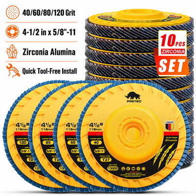 PRETEC 10 Pack 4.5'' Zirconia Flap Discs 40/60/80/120 Grit Grinding Sanding Wheel