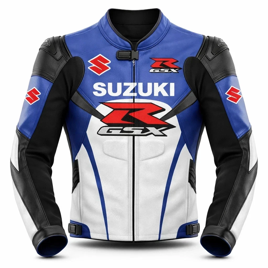Suzuki GSX-R Leather Motorcycle Jacket Blue White Racing Biker CE Armor Style