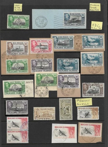 FALKLAND IS 1930-50 LOT OF 22 ISSUES WITH FDC/1st OVERSEAS AIR MAIL USED PERF
