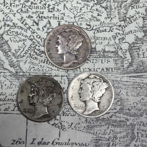 Lot of 3 Mercury Dimes 1935 PDS - F-VF EXACT coins pictured -MD18