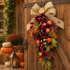 25" Autumn Harvest Fall Leaves Mums and Apples Swag Wreath Door Wall Home Decor