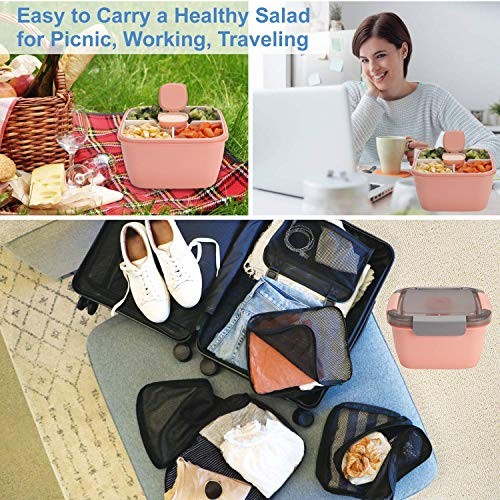 Freshmage Salad Lunch Containers To Go, 2 Pack 52-oz Bowls with 3 Pink+Green