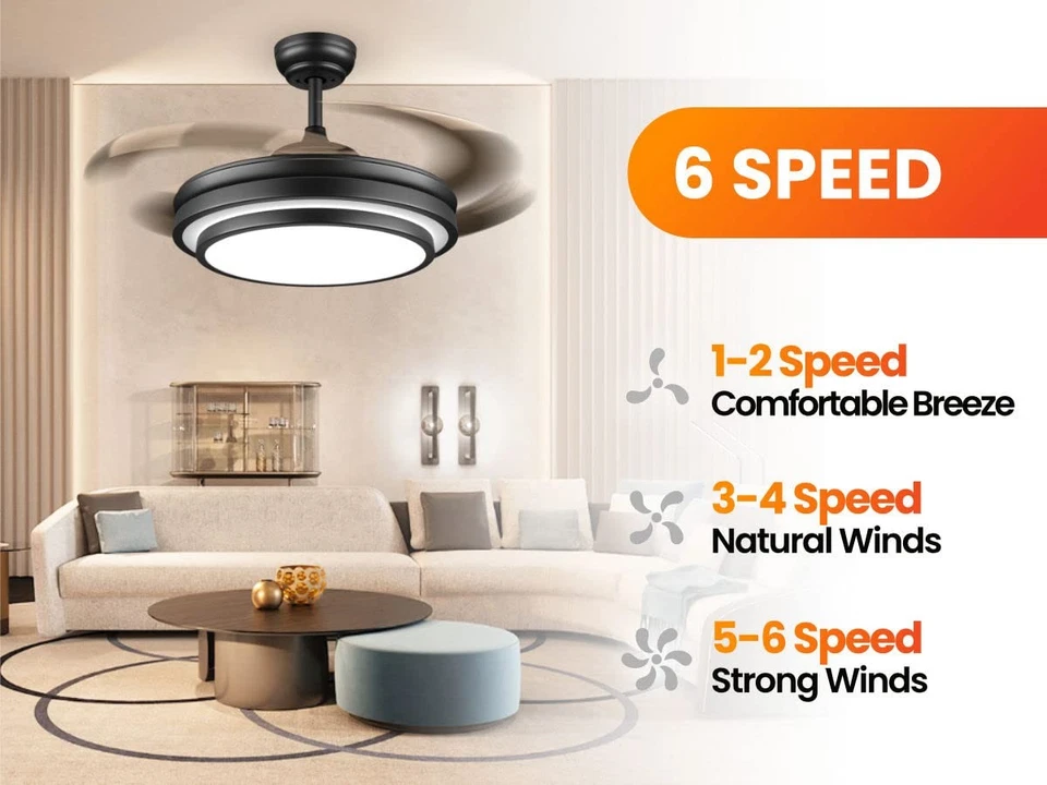 48 Inch Retractable Ceiling Fan with Lights and Remote,Black Fandelier Ceilin... - Image 3 of 4