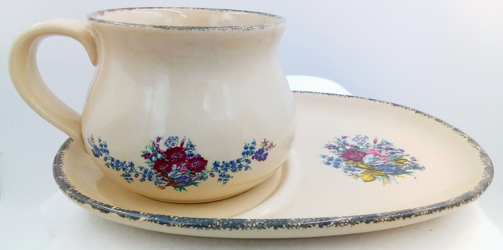 Home & Garden Party Floral Splendor Soup Mug Bowl Platter Set Stoneware Tan Blue