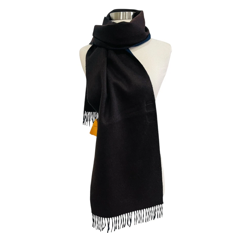 Hickey Freeman Solid Double Face Merino Wool Fringe Scarf Brown/Navy Reversible - Image 4 of 4