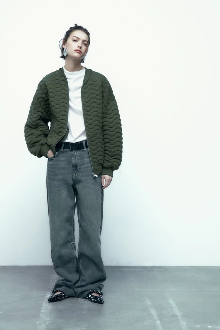 zara quilted khaki bomber jacket size S