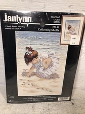 New Janlynn Counted Cross Stitch Kit Collecting Shells Vintage 1998 12” X 16”