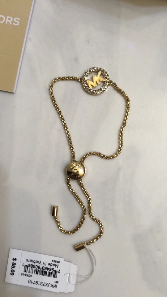 Brazalete Michael Kors Chapado en Tono Dorado Latón Logo MK y Cristal Estación Nuevo con Etiquetas y Caja Foto 4 de 4