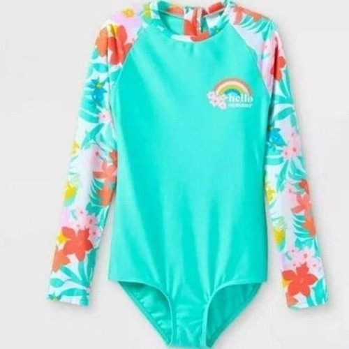 Art Class Swimsuit One Piece Tropical Print Long Sleeve Girls Size XS 4/5