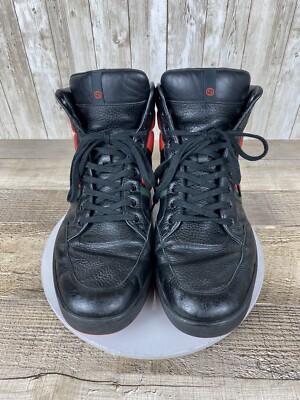 Authentic Gucci Black/Red Leather Praga Karibu High Top Sneakers