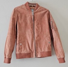 Obey Women's Suede Bomber Jacket Sleeve Pocket Shepard Fairey Coral Tan Medium