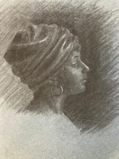 Very Nice Drawing Painting Charcoal Young Woman Art Deco Portrait to Identify