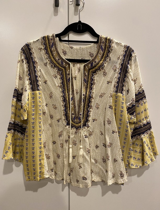 Pre-owned Free People Print Pattern Mixing Embellished Top XS
