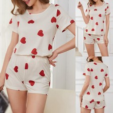 2PCS Womens Heart Pajamas Set Tops Shorts Pants Sleepwear Nightwear Loungewear