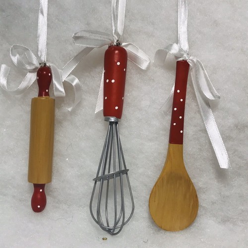 Kitchen Utensil Christmas Ornaments, Rolling Pin, Whisk. Spoon. Polka
