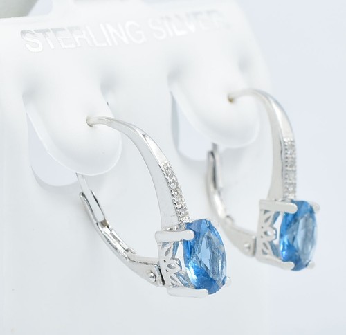 LAB CREATED 2.36 Cts BLUE TOPAZ & W/SAPPHIRE DANGLING EARRINGS .925 Silver - NWT