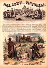 "MISSOURI" SETTLERS, INDIANS Antique Hand colored engraving 1855
