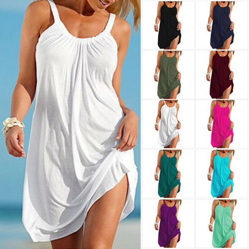 Womens Summer Holiday Beach Cover Up Ladies Casual Strappy Sundress Mini Dress - Picture 1 of 22