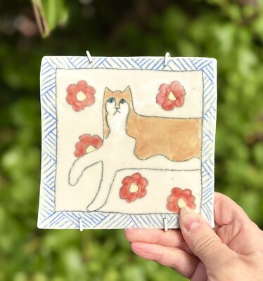 Rare Stunning Solveig Cox Orange White Cat Teal Green Eyes & Flowers Tile Decor