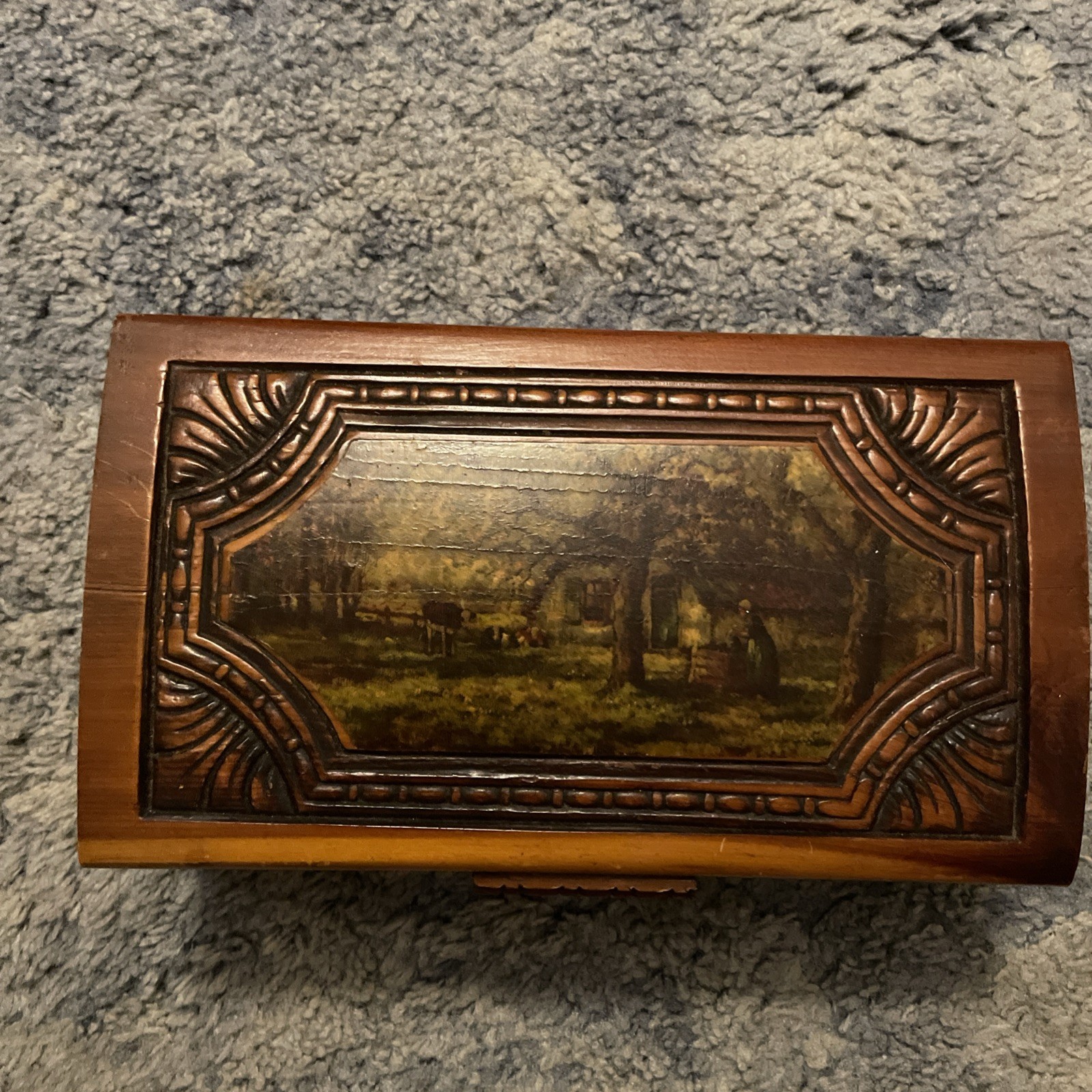 Antique Vtg Ornate Hand Carved Wood Jewelry Box Brass Hardware