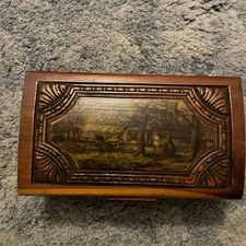 Antique Vtg Ornate Hand Carved Wood Jewelry Box Brass Hardware