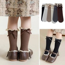 Girls Lace Bow Calf High Long Sock for Kids Sweet Beige Coffee Color Bow Ruffle