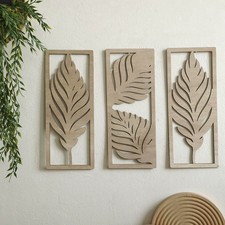 Wandbild Holz Blatt Wand Deko 3er SET Kunst Wanddekoration Dekobild Zen Pflanz
