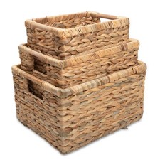 Water Hyacinth Storage Baskets with Wooden Handles, Rectangular Woven Organiz...