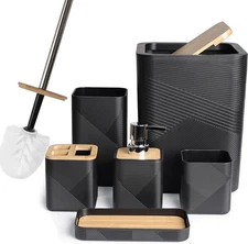 Bathroom Accessories Set 6 Piece Bamboo Bath Ensemble Includes Soap Dispenser, T