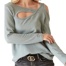 Bibi Cold Shoulder Waffle Thermal Top - Long Sleeve Sage Small NWT