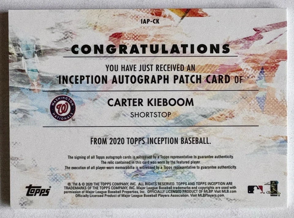 2020 Topps Inception CARTER KIEBOOM Auto Patch /155 Nationals Baseball MLB - Image 4 of 4