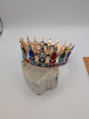 Regal Gold Tone Multicolor Rhinestone Crown King Queen Prince Princess Costume