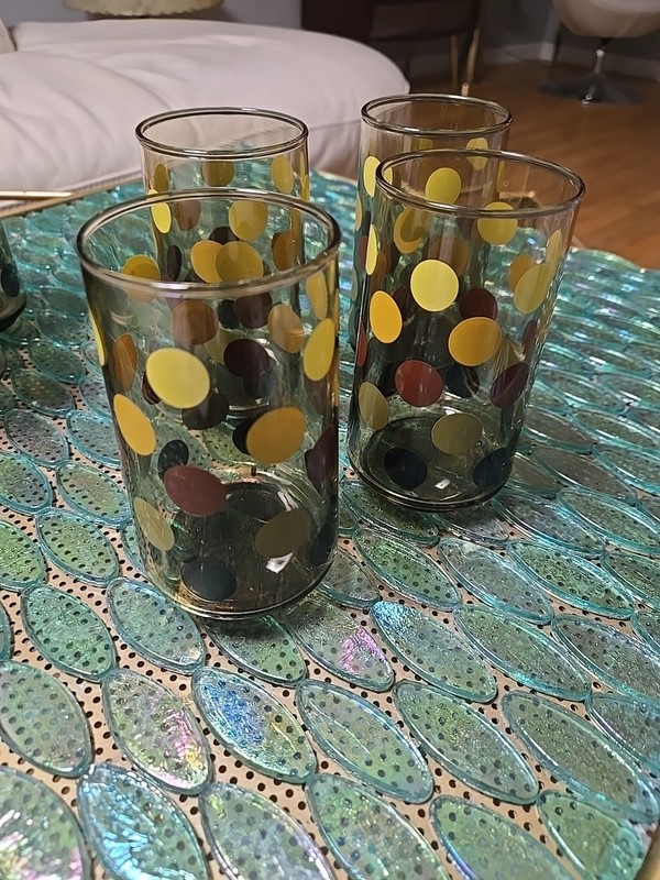 Set Of 4 Vtg Brown Yellow Polka Dot Drinking Glasses/ Tumblers/Highball Beverage