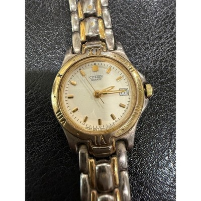 Citizen Quartz Two Tone Watch Silver Gold Date White Dial 1010-K33201-Y Mens