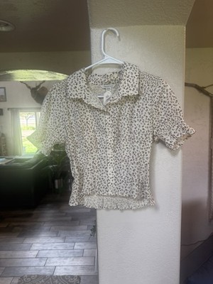 American Eagle Women s White/Black Floral Cotton Woven SS Collared Button-Up S