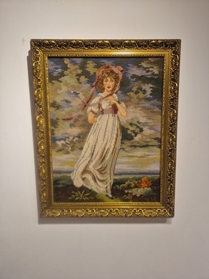Vintage Gold gerahmt fertig Nadelspitze Wandteppich französische Szene Dame 24'' x 19''