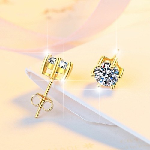 #71 Moissanite 1CT Six Prong Gold Stud Earrings 925 Sterling Silver - Picture 3 of 5
