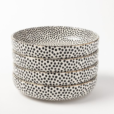 Black White Ceramic Bowls Dot Pattern 4 Pack Low Profile For Table Setting