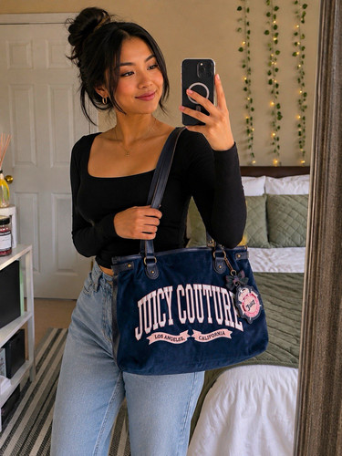 Juicy Couture Blue Large Logo Embroidered Tote Bag Charm Magnetic Pockets Gold