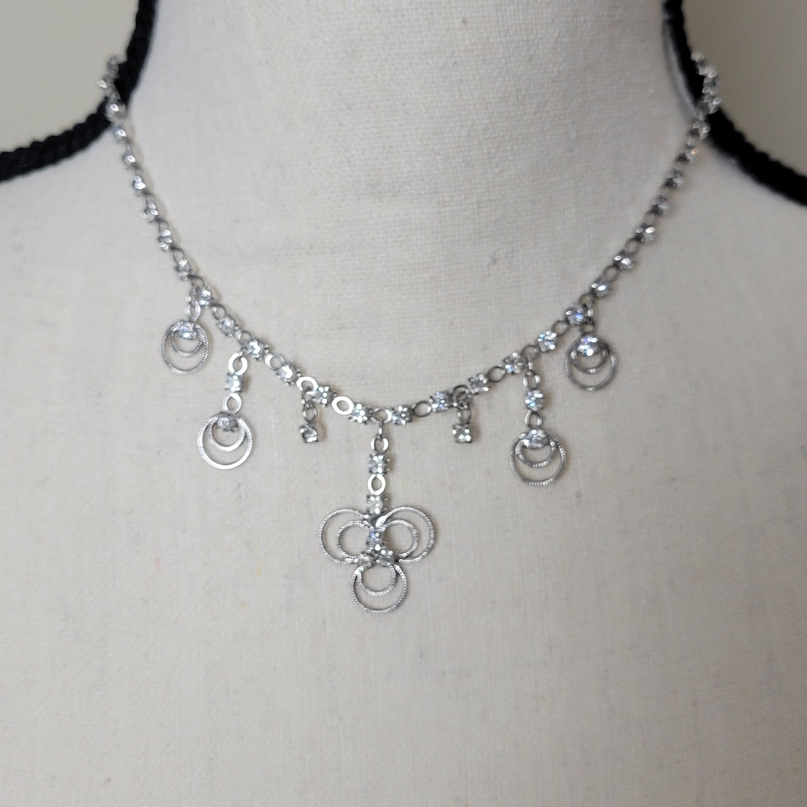 Vintage Silver Tone Clover Rhinestone Necklace & Earrings Set
