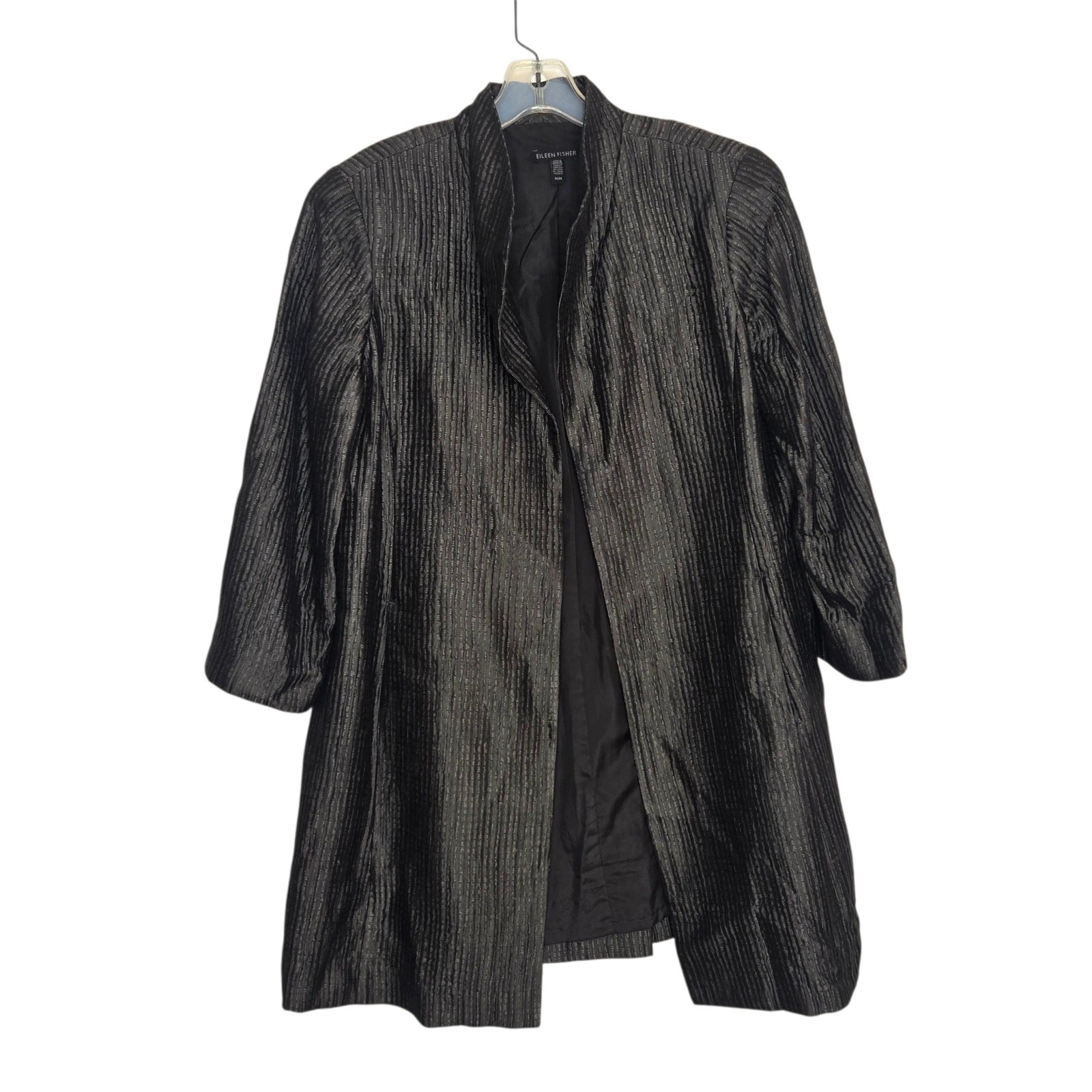 Eileen Fisher Silk Groove Longline Jacket Open Gray Textured Women Medium