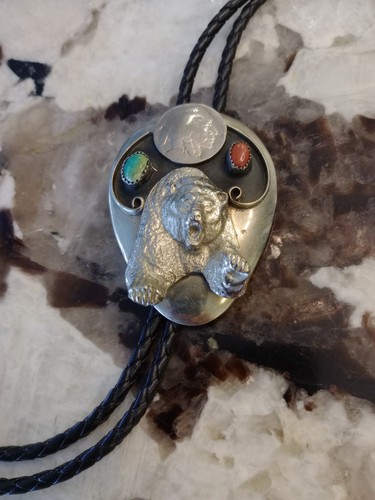 2 1/2" large Native American bear buffalo bolo tie