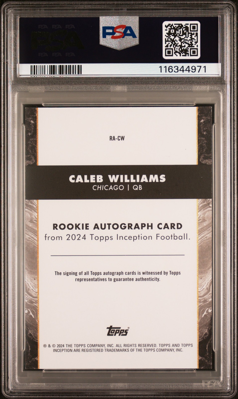 2024 TOPPS INCEPTION ROOKIE AUTOS #RACW CALEB WILLIAMS PSA 9 AUTO 10 view 2